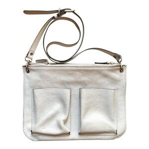 Marni Bandolier Crossbody Bag Gray Leather Silvertone Hardware Zip Top Messenger